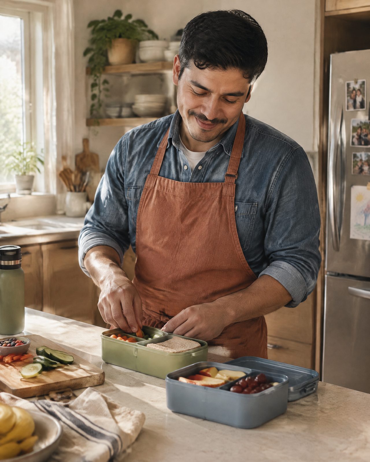 A Latino-Canadian dad packing school lunches in his kitchen